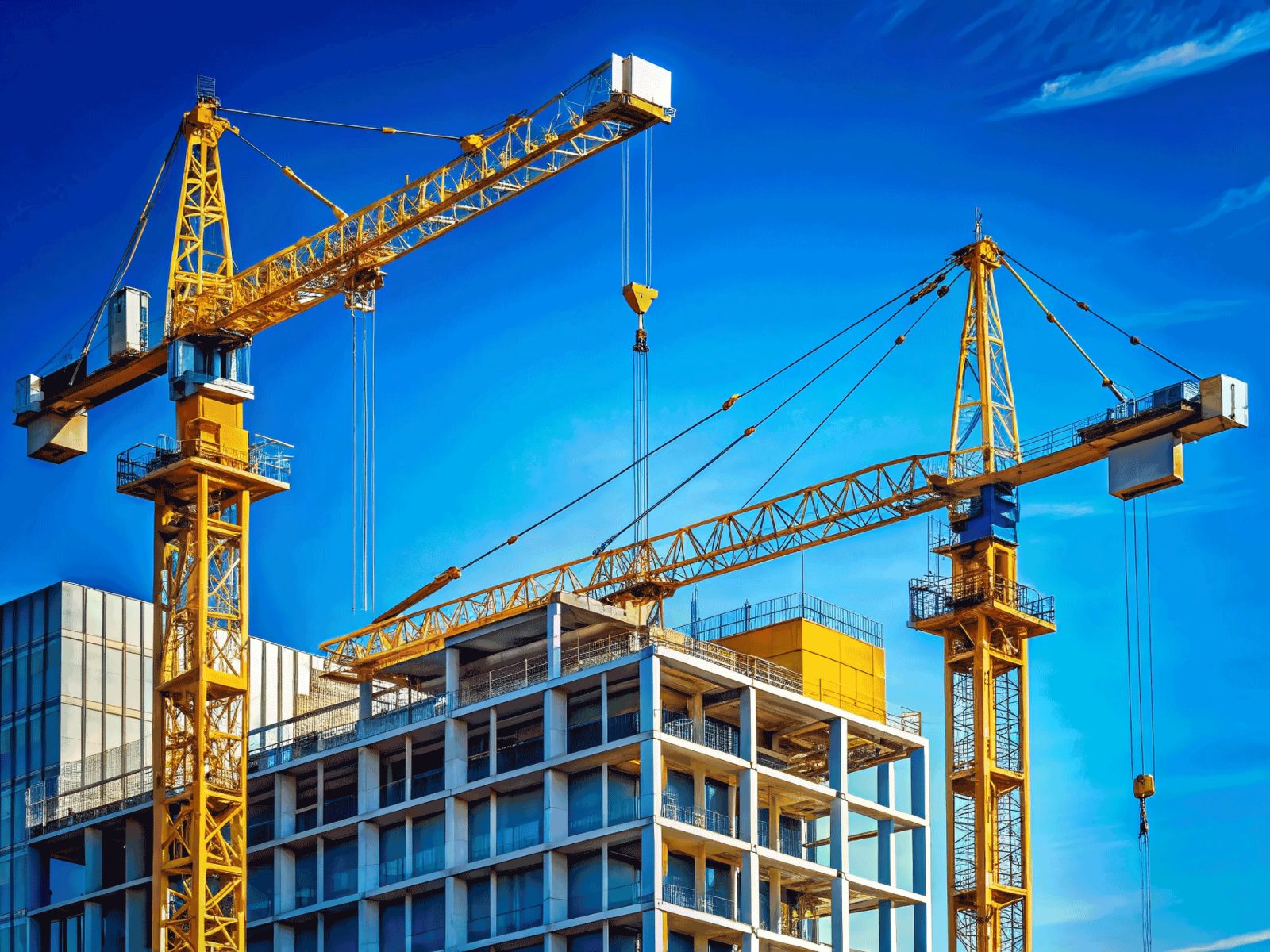 Modern Construction Cranes Silhouetted Against a Vibrant Blue Sky A Minimalist View of a Building Site